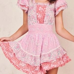 LoveShackFancy Stanton Patchwork Floral Print Mini Dress in Strawberry Melange